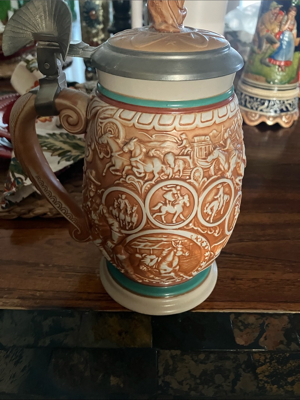 Avon Brown Ceramic Stein with Teal and Cream Accents